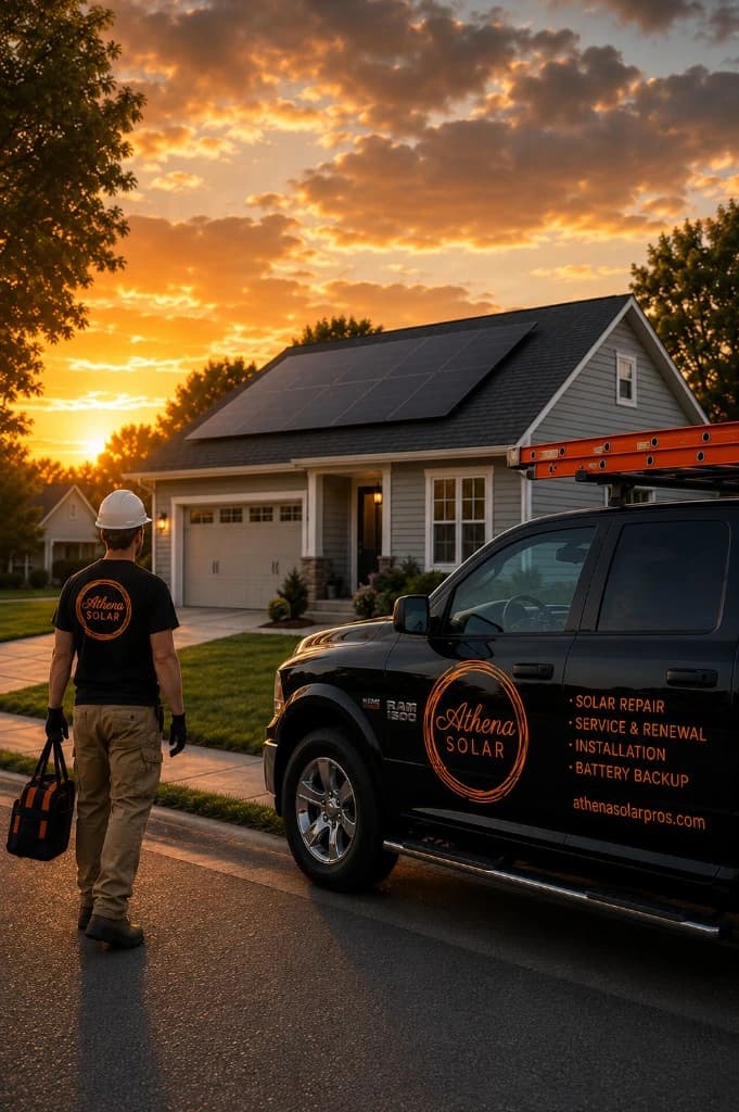 Solar technician and service truck at a home with rooftop solar