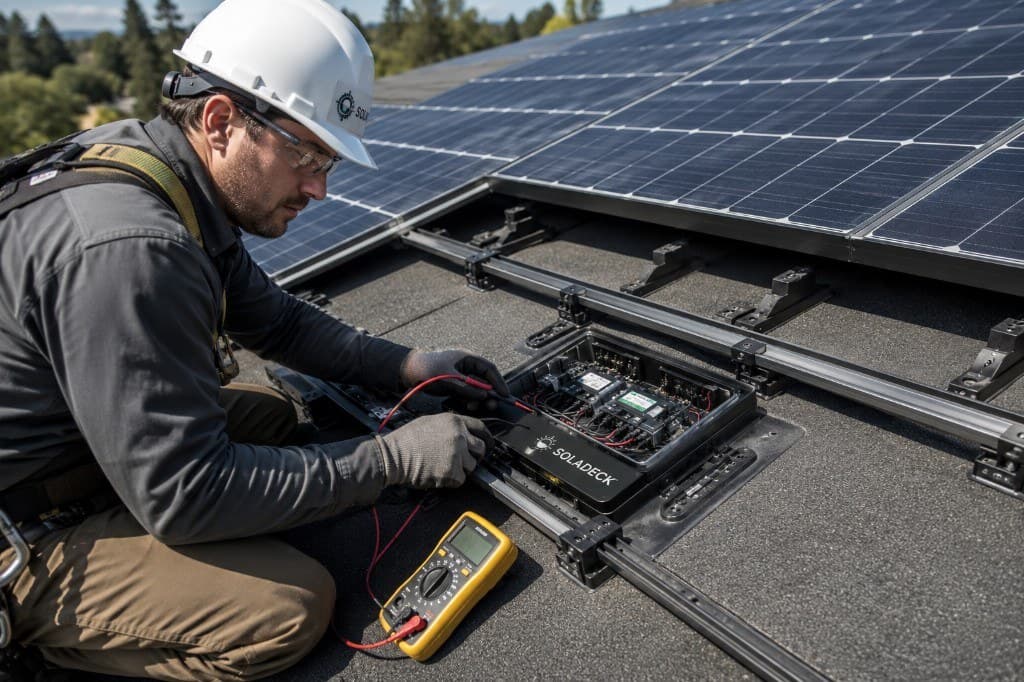 Solar technician testing SolaDeck combiner wiring with a multimeter on a rooftop
