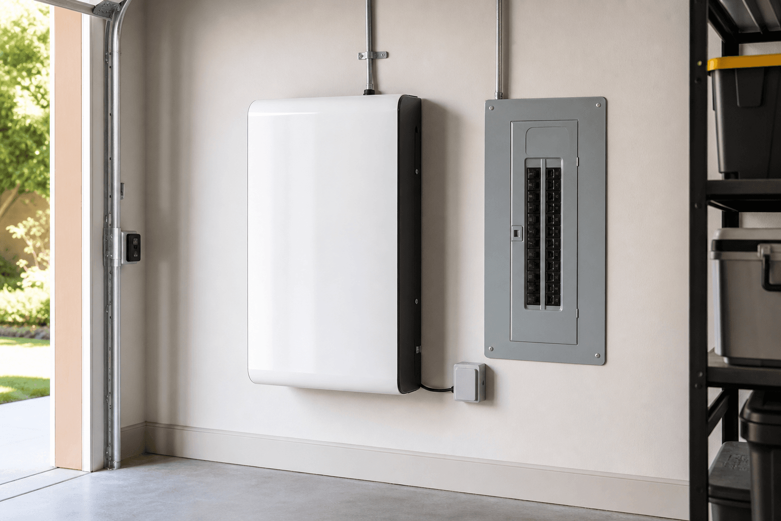 Wall-mounted home battery backup next to an electrical panel